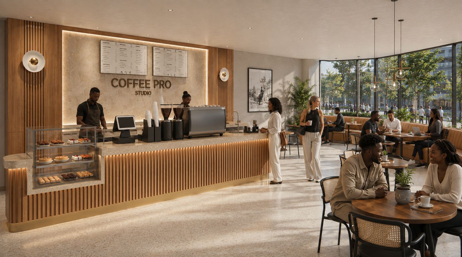 Coffee PRO Studio café interior, warm terrazzo counter