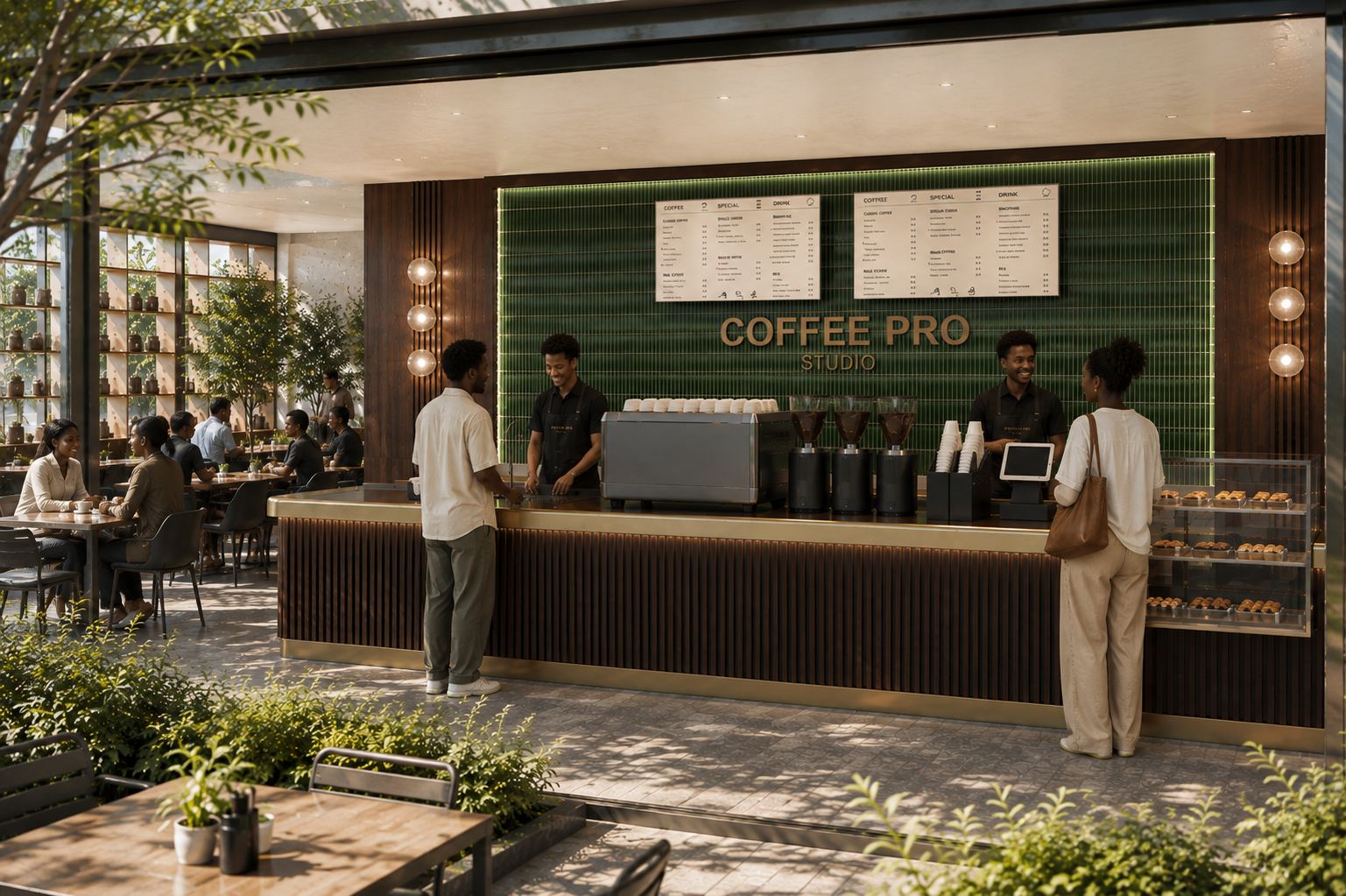 Coffee PRO Studio café interior, outdoor terrace