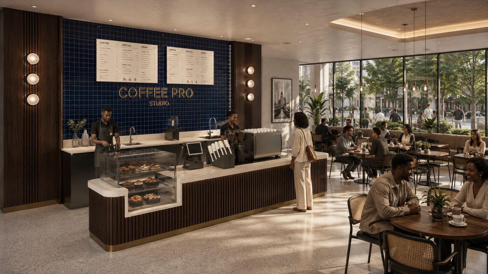 Coffee PRO Studio café interior, blue tile counter wall